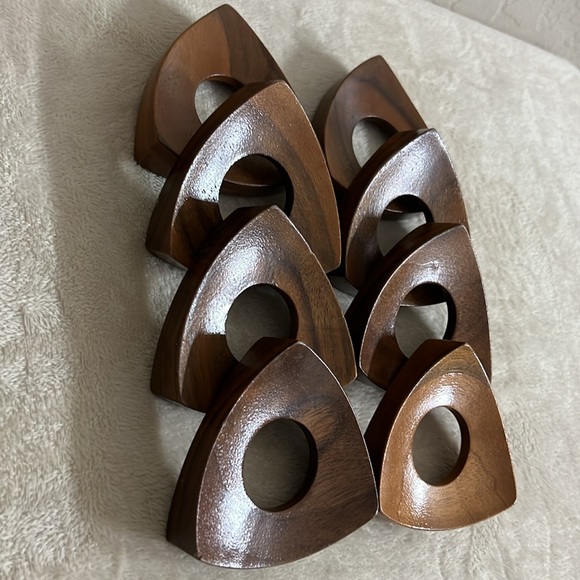 Mid Century Modern Danish Teak Wood Napkin Rings Set Of 8  3” convex Triangles. - Picture 3 of 8